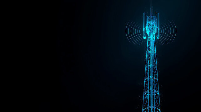 Modern telecommunications tower emitting signal waves against transparent background