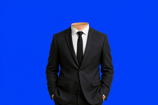 Headless Man in Formal Suit Standing Against Blue Background