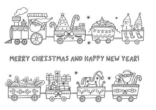 Merry Christmas and Happy Holidays coloring page. Cute cartoon Christmas in doodle style. Printable Christmas coloring book
