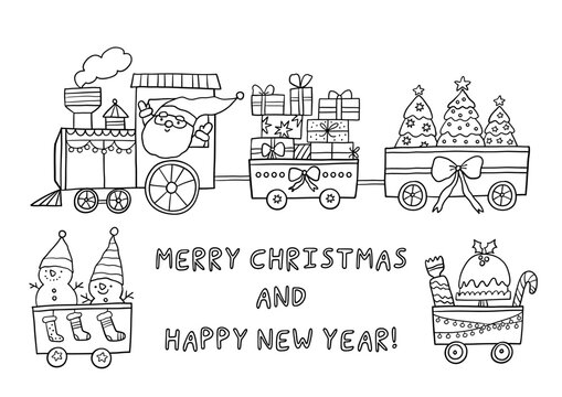 Merry Christmas and Happy Holidays coloring page. Cute cartoon Christmas in doodle style. Printable Christmas coloring book