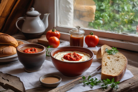 Bowl of soup and bread on wooden table