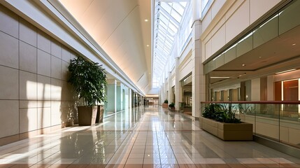 Fototapeta premium A long bright empty indoor corridor with polished floors glass railings and large skylights casting natural light