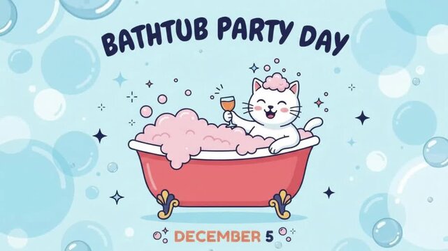 Whimsical illustration of a white cat resting in a bathtub with bubbles a sweet enjoying a bath time party theme colorful tub