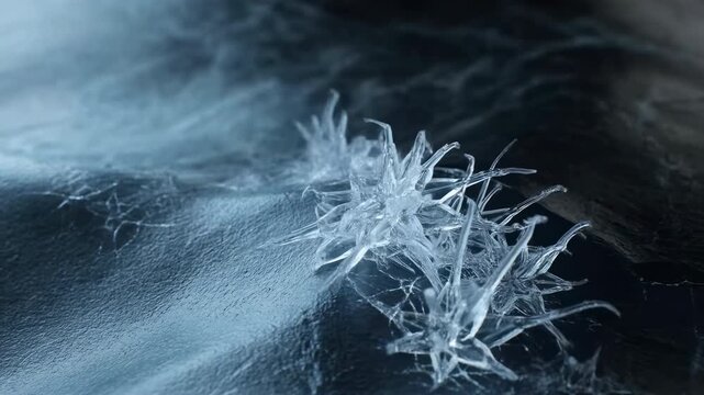 Needlelike ice crystals shrink toward dark textured surface as translucent spikes recede, revealing delicate branching patterns in cool blue light and close-up composition