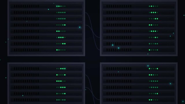 Digital Server Rack Infrastructure with Glowing Data Flow and Network Connectivity Visualization
