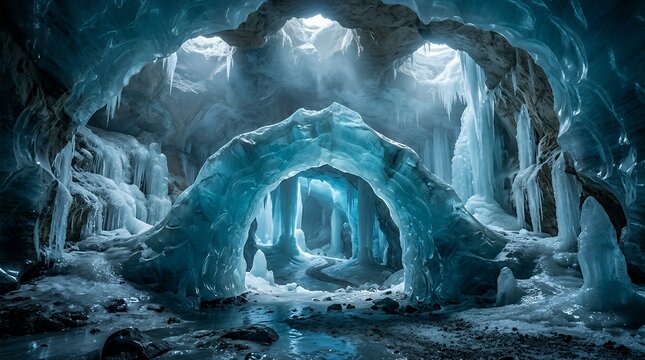 Majestic frozen cavern with an arched crystal opening carved within a shimmering glacial formation featuring natural roof apertures and ethereal blue illumination glacial cavern frozen vault