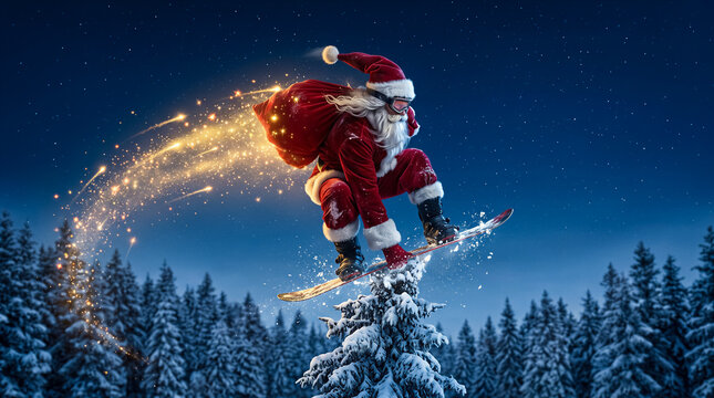 Santa Claus snowboarding through snowy pine forest at night with magical golden sparkles trail behind him. Winter holidays, extreme sports, winter magic.