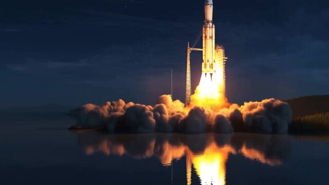 Rocket stands on a coastal launch pad beside still water under a starry night sky