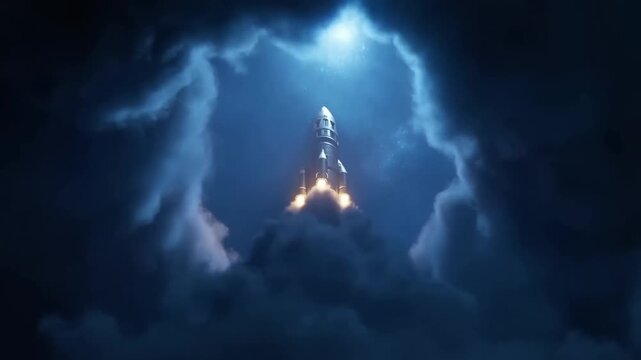 Rocket engines fire above a smoky launch pad beneath a cloudy night sky