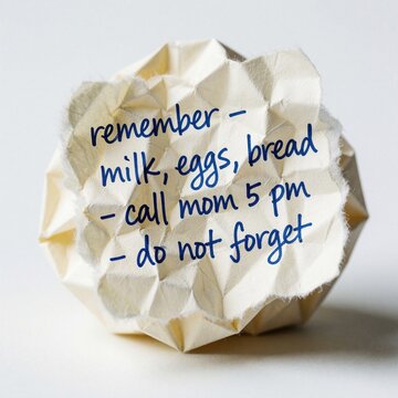 Close up of crumpled paper ball with handwritten shopping list. Blue ink note shows reminder to buy milk, eggs, bread, call mom. Torn piece of scrap paper contains important daily tasks, grocery memo