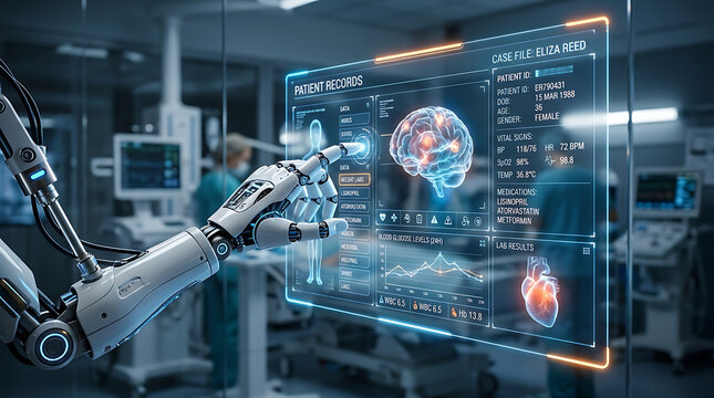 Robotic hand touching digital medical interface showing brain scan data in a modern hospital room