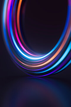 Vertical 3D neon ribbon loop with rainbow light streaks and reflective midnight floor
