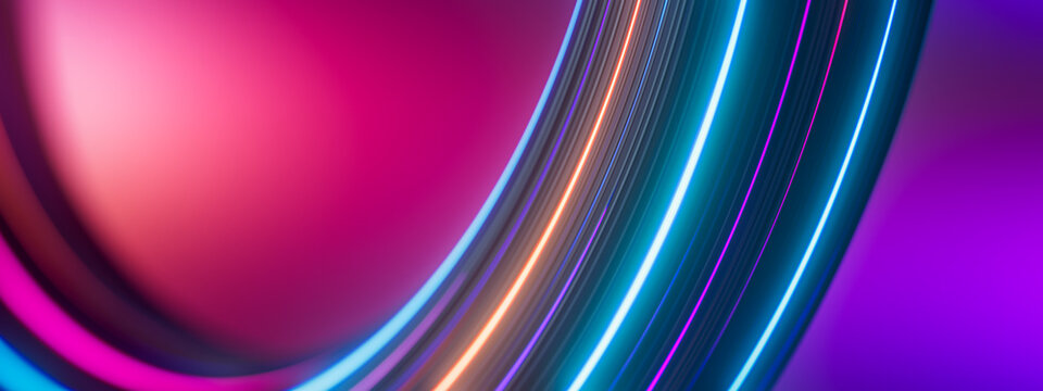 Futuristic 3D illuminated metallic arc with blue neon threads over a pink gradient background