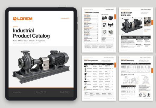 Equipment Product Catalog Template, Industrial Machinery Catalogue & Multipage Technical Brochure for Pumps, Motors & Valves