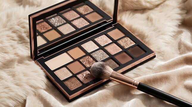 Elegant cosmetics makeup palette featuring versatile neutral nude tones and sparkling glitter shades accompanied by a soft blending brush on a plush textured background eyeshadow palette makeup kit