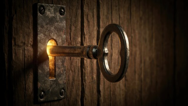 Antique skeleton key inserted into a dark wooden door keyhole with glowing light