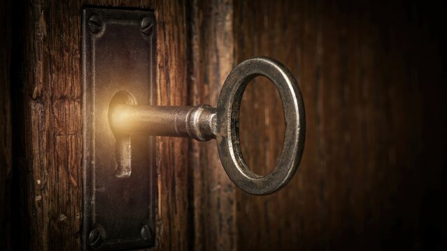 Antique skeleton key inserted into a dark wooden door keyhole with glowing light