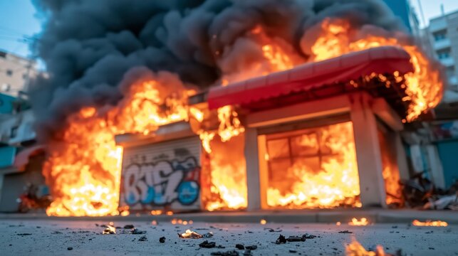 Dramatic scene of a building engulfed in flames during civil unrest, with thick black smoke billowing into the sky, burning debris scattered across the street, and intense orange fire illuminating the