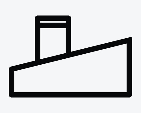 Ship vector icon in black outline style with sloped hull and funnel representing cargo vessel maritime transport and shipping