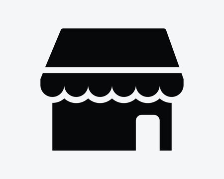 Store front vector icon in black solid style with scalloped awning and door representing shop market retail and small business