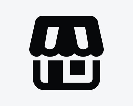 Store front vector icon in black solid style with large scalloped awning door and window representing shop market and small business