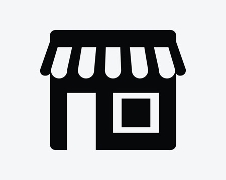 Store front vector icon in black solid style with striped awning door and window representing shop market retail and small business