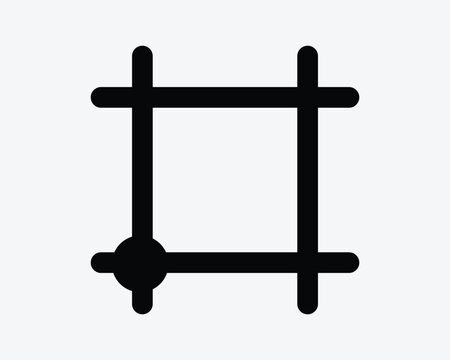 Grid guides vector icon in black solid style with crossing lines and corner anchor dot representing snap alignment and design tool