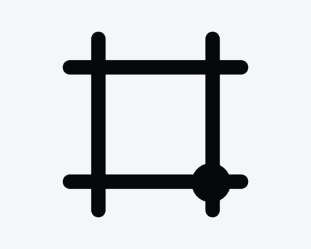 Grid guides vector icon in black solid style with crossing lines and bottom right anchor dot representing snap alignment and design tool