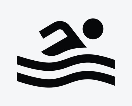 Swimmer vector icon in black solid style with water waves representing swimming pool sport exercise and summer recreation