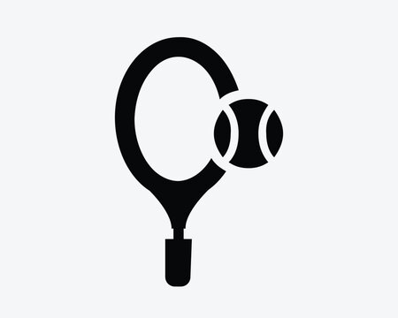 Tennis racket and ball vector icon in black solid style representing tennis sport game match and athletic recreation