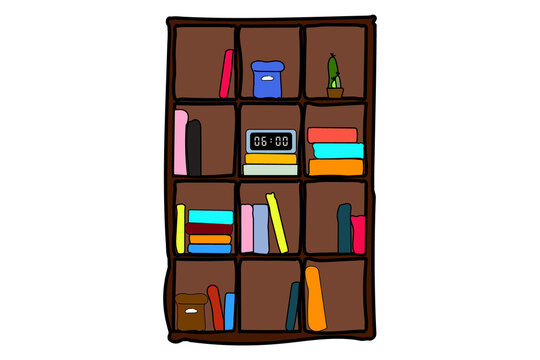 A brown bookshelf with a light blue digital clock showing 06:00, set against a white background.