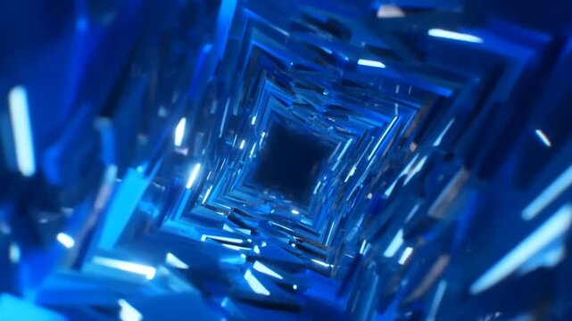 Blue illuminated geometric tunnel receding toward a dark center in a futuristic corridor