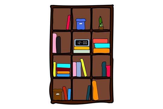 A brown bookshelf with a light blue digital clock showing 12:00, set against a white background.
