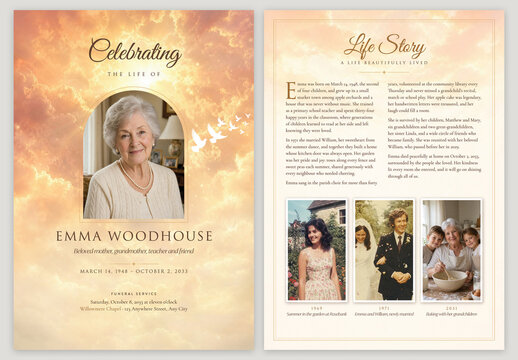 Golden Sky Funeral Program Template, Bifold Memorial Card, Obituary Brochure & Service Booklet with Clouds and Doves