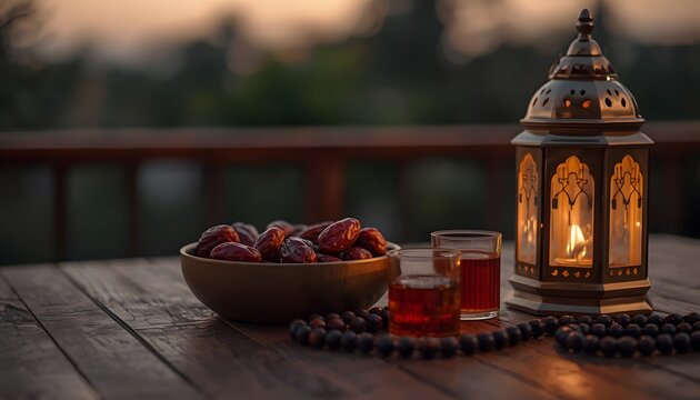 Ramadan lantern with dates and tea on wooden table