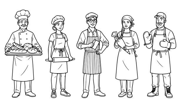 Diverse group of bakers and pastry chefs standing in a row illustration