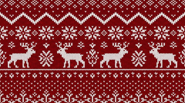 Nordic Fair Isle Christmas pattern with reindeer and snowflakes, red and white knitted winter background, traditional Scandinavian holiday sweater texture