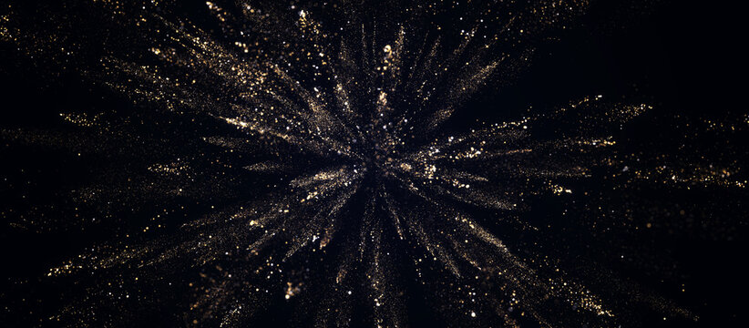 Luxury abstract background with shimmering gold glitter particles bursting from the center, creating radiant sparkling trails on black, ideal for festive celebrations, elegant designs and motion graph