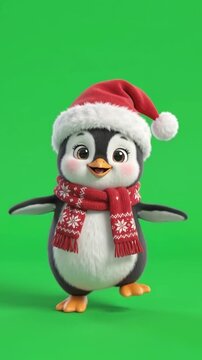 Joyful Animated Penguin with Scarf and Santa Hat on Green Screen