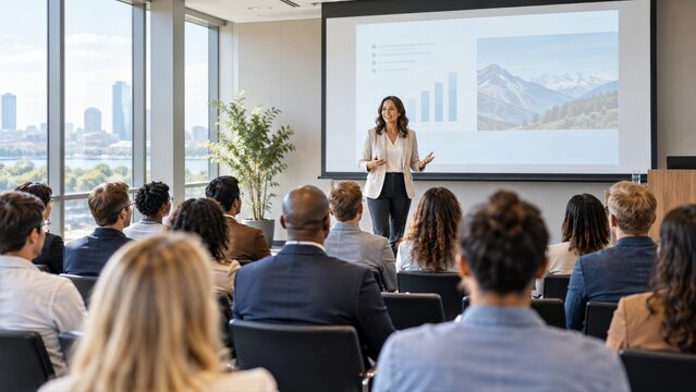 Audience Watching a Presenter in a Bright Conference Room with Windows