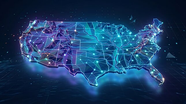 Futuristic geographic continent map shape designed with modern low poly triangular mesh network grid and digital polygon nodes in vibrant three dimensional rendering style for cartography tech map