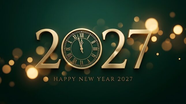 Happy new year 2027 greeting card design with a golden clock face and glowing bokeh lights