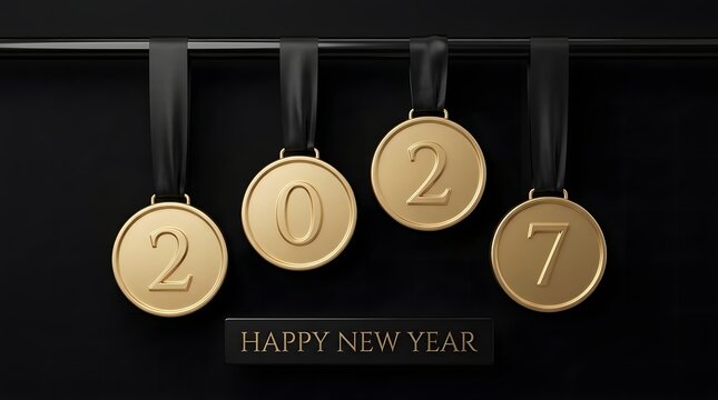 Four bronze medals hanging with the year 2027 engraved for a happy new year celebration event