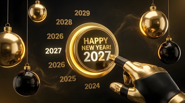 Hand touching a glowing gold button for happy new year 2027 with hanging christmas ornaments
