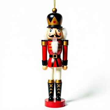 Painted wooden nutcracker ornament with articulated limbs for outdoor christmas tree decoration on white background