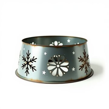 Galvanized metal christmas tree collar with cutout snowflakes and stars for outdoor tree bases, festive holiday decoration on white background