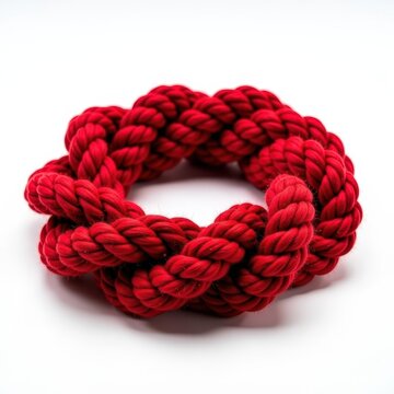 Festive red chunky knit outdoor garland twisted around central core on white background for holiday decoration