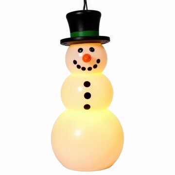 Glowing batteryoperated snowman lantern ornament with plastic carrot nose for outdoor christmas trees on white background