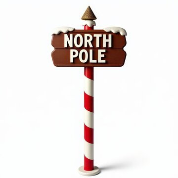 Sturdy plastic north pole signpost with candy cane stripes and glittery top for outdoor christmas tree decoration on white background