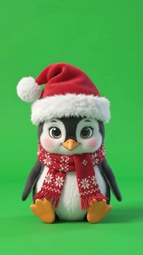 Adorable Christmas Penguin Wearing Santa Hat Animation on Green Screen Chroma Key